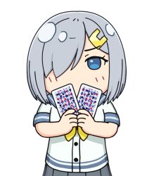 Rule 34 | 1girl, blue eyes, card, chibi, covering own mouth, cowboy shot, gloves, grey skirt, hair ornament, hair over one eye, hairclip, hama! (3toshinhmkz), hamakaze (kancolle), holding, holding card, kantai collection, looking at viewer, neckerchief, playing card, pleated skirt, school uniform, serafuku, short hair, short sleeves, silver hair, simple background, skirt, solo, white background, white gloves, yellow neckerchief