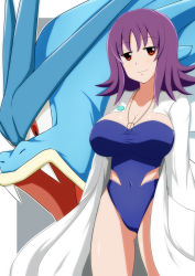 Rule 34 | 1girl, alternate breast size, bare legs, blue one-piece swimsuit, border, breasts, covered navel, creatures (company), dragon, fangs, game freak, gen 1 pokemon, girl and dragon, gyarados, hand in pocket, highres, lab coat, large breasts, long hair, looking at viewer, looking to the side, nintendo, one-piece swimsuit, philena ivy, pokemon, pokemon (anime), pokemon (classic anime), pokemon (creature), purple eyes, purple hair, sharp teeth, shiny skin, smile, spiked hair, standing, swimsuit, teeth, white border, zefyu