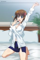 Rule 34 | 1girl, arms up, barefoot, bed, blue eyes, blue skirt, blush, breasts, brown hair, cleavage, collarbone, hair ornament, hairclip, highres, indoors, large breasts, looking at viewer, lyrical nanoha, mahou shoujo lyrical nanoha strikers, miniskirt, navel, on bed, open mouth, plant, potted plant, shirt, short hair, sitting, skirt, solo, syu1, tongue, waking up, white shirt, yagami hayate, yawning