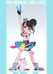 Rule 34 | 1girl, \m/, ankle boots, arm up, blue eyes, boots, brown hair, cat, cheeky parade, flat chest, idol, mintchoco (mmn2), real life, side ponytail, skirt, solo, yamamoto marin