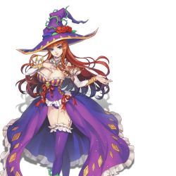 Rule 34 | 1girl, blue eyes, breasts, brooch, cleavage, closed mouth, detached collar, dress, floating hair, flower, hand on own chest, hat, jewelry, large breasts, legs, long hair, looking at viewer, red hair, rose, sacred sword princesses, smile, solo, standing, thighhighs, thighs, transparent background