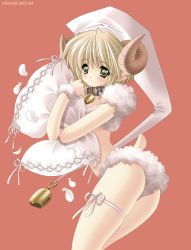 Rule 34 | 1girl, ass, bell, blonde hair, collar, feathers, female focus, green eyes, horns, leg ribbon, monster girl, neck bell, night cap, pillow, pointy ears, ribbon, sheep, sheep girl, sheep horns, sheep tail, short hair, simple background, solo, tail, thigh ribbon, watermark, web address, wool
