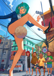 Rule 34 | 2girls, 3boys, ahoge, aqua hair, arm up, ball, bare legs, barefoot, black footwear, blue eyes, blue jacket, blue shorts, blue skirt, blue sky, brown hair, brown shirt, building, cloud, collared shirt, commentary request, crocs, day, from below, green hair, green shirt, high heels, highres, hipa (some1else45), holding, holding ball, horns, id card, jacket, lab coat, lamppost, lanyard, legs, light smile, long hair, long sleeves, looking down, motor vehicle, multicolored clothes, multicolored shorts, multiple boys, multiple girls, nahia (some1else45), office lady, open mouth, original, outdoors, panties, pantyshot, patent heels, pencil skirt, playing sports, portuguese commentary, power lines, pumps, red hair, red horns, red soles, road, road sign, scooter, shirt, shoes, short hair, short sleeves, shorts, side ahoge, sign, skirt, sky, soccer ball, some1else45, standing, standing on one leg, stiletto heels, street, suit jacket, teeth, truck, underwear, upper teeth only, upskirt, utility pole, white panties, white shirt, yellow shirt
