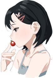 Rule 34 | 1girl, black hair, brown eyes, cherry tomato, eating, hair ornament, hairclip, highres, idolmaster, idolmaster cinderella girls, idolmaster cinderella girls u149, rabbit hair ornament, ribenyu4, sasaki chie, short hair, simple background, solo, tank top, tomato