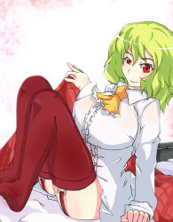 Rule 34 | 1girl, altronage, ascot, breasts, garter straps, green hair, highres, huge breasts, impossible clothes, impossible shirt, kazami yuuka, no pants, raised eyebrow, red eyes, red thighhighs, shirt, short hair, skirt, unworn skirt, solo, thighhighs, touhou