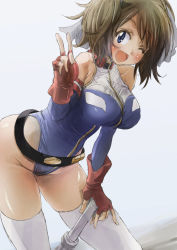 Rule 34 | 1girl, ;d, bare shoulders, belt, belt skirt, blue eyes, blush, breasts, character request, fingerless gloves, gloves, gundam, gundam card builder, impossible clothes, large breasts, leaning forward, leotard, looking at viewer, one eye closed, open mouth, red eyes, reiko holinger, short hair, smile, solo, thighhighs, v, white thighhighs, yohane