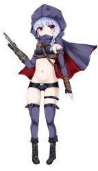 Rule 34 | 1girl, bare shoulders, bikini, bikini top only, black bikini, blue hair, boots, braid, cape, covering own mouth, eiyuu chronicle, elbow gloves, fingerless gloves, gloves, highres, hood, looking at viewer, midriff, navel, original, red eyes, shimo (depthbomb), short shorts, shorts, solo, swimsuit, thigh strap, thighhighs