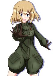 Rule 34 | 1girl, :d, black gloves, blonde hair, blue eyes, bob cut, commentary, cowboy shot, fang, girls und panzer, gloves, green jumpsuit, highres, jumpsuit, katyusha (girls und panzer), looking at viewer, meiya, open mouth, pravda military uniform, reaching, reaching towards viewer, shadow, short hair, short jumpsuit, simple background, smile, solo, standing, white background