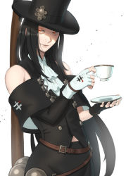 Rule 34 | 1boy, androgynous, asymmetrical gloves, bare shoulders, belt, black hair, black suit, collared shirt, cup, eyelashes, fingerless gloves, formal, gloves, guilty gear, guilty gear strive, hat ornament, highres, long hair, looking at viewer, plate, red eyes, shaded face, shirt, simple background, skull hat ornament, solo, straight hair, suit, tea, teacup, testament (guilty gear), trap, udakyo, white background, white gloves
