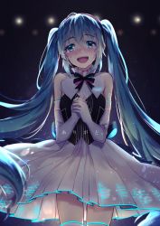 Rule 34 | 1girl, :d, black hairband, black ribbon, blue eyes, blue hair, blush, cowboy shot, crying, crying with eyes open, dress, elbow gloves, floating hair, gloves, hair between eyes, hairband, hatsune miku, head tilt, long hair, looking at viewer, miku symphony (vocaloid), momoko (momoko14), neck ribbon, open mouth, pleated dress, ribbon, short dress, sleeveless, sleeveless dress, smile, solo, standing, tears, thank you, thighhighs, twintails, very long hair, vocaloid, white dress, white gloves, white thighhighs
