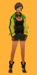 Rule 34 | 1girl, ankle boots, belt, boots, breasts, brown hair, chou shittou caduceus, cleavage, cutoffs, dark-skinned female, dark skin, denim, denim shorts, doi masayuki, full body, gloves, goggles, goggles around neck, green eyes, highres, hospital rokunin no ishi, jacket, looking at viewer, maria torres, official art, orange background, short hair, shorts, simple background, solo, standing, tank top
