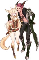Rule 34 | 1boy, 1girl, animal ear fluff, animal ears, blonde hair, castanic, elin, fox ears, fox tail, full body, gloves, highres, looking at another, looking to the side, navel, nipuni, purple eyes, tail, tera online, transparent background, wide hips