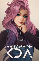 Rule 34 | 1girl, absurdres, black sweater, blue eyes, commentary, denim, earrings, english commentary, eyelashes, eyeliner, forehead, hair over shoulder, highres, jewelry, k/da (league of legends), league of legends, lips, long hair, makeup, monori rogue, necklace, nose, overalls, pendant, pink hair, selfie, seraphine (league of legends), smile, solo, sweater, thick eyebrows, turtleneck, turtleneck sweater