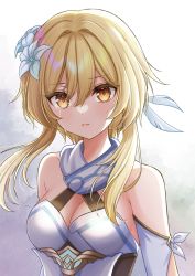 Rule 34 | 1girl, bare shoulders, blonde hair, blush, breasts, cleavage, crying, crying with eyes open, dress, eyelashes, eyelashes visible through hair, feather hair ornament, feathers, flower, genshin impact, hair between eyes, hair flower, hair ornament, highres, hiiragi kei, light particles, looking at viewer, lumine (genshin impact), tears, upper body, white dress, yellow eyes