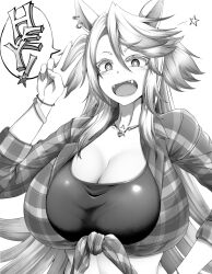 Rule 34 | 1girl, animal ears, bracelet, breasts, cleavage, earrings, fangs, front-tie top, greyscale, horse ears, horse girl, huge breasts, jewelry, monochrome, necklace, obey your master (umamusume), open mouth, shirt, simple background, star-shaped pupils, star (symbol), star necklace, symbol-shaped pupils, tenko (raimugi666), tied shirt, umamusume, v, white background