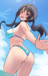 Rule 34 | 1girl, ass, bikini, black hair, blush, breasts, c (theta), highres, idolmaster, idolmaster million live!, looking at viewer, looking back, median furrow, medium breasts, multicolored bikini, multicolored clothes, outdoors, outstretched arm, red eyes, sidelocks, signature, sketch, smile, solo, swimsuit, takayama sayoko, twintails, wading