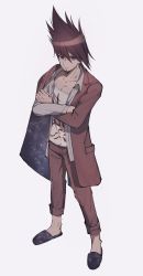 Rule 34 | 1boy, bojue (hakus 1128), brown hair, collarbone, commentary request, crossed arms, danganronpa (series), danganronpa v3: killing harmony, facial hair, full body, grey shirt, highres, jacket, long sleeves, looking at viewer, male focus, momota kaito, open clothes, open shirt, pants, pink jacket, pink pants, print shirt, shirt, shoes, short hair, simple background, solo, space print, spiked hair, standing, starry sky print, white background, white shirt
