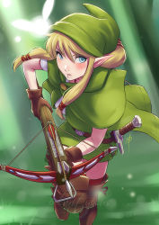Rule 34 | 1girl, arrow (projectile), blonde hair, blue eyes, blush, boots, bow (weapon), brown footwear, brown gloves, brown thighhighs, capelet, crossbow, fairy, gloves, green capelet, hair ribbon, hat, hyrule warriors, leather, leather boots, leather gloves, linkle, long hair, nintendo, pointy ears, polarityplus, red thighhighs, ribbon, running, sheath, sheathed, sidelocks, solo, sword, the legend of zelda, thigh boots, thighhighs, tunic, weapon, zettai ryouiki