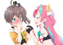 Rule 34 | 2girls, ahoge, black gloves, blue eyes, blush, bra, brown hair, closed eyes, collarbone, commentary request, covering own mouth, gloves, hair ornament, holding hands, hololive, kannazuki genshi, long hair, multicolored hair, multiple girls, natsuiro matsuri, natsuiro matsuri (1st costume), open mouth, pink hair, pinky pop hepburn, portrait, side ponytail, simple background, sports bra, tears, the moon studio, underwear, virtual youtuber, white background