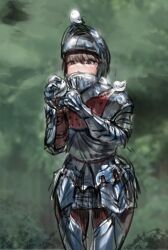 Rule 34 | 1girl, animal, armor, armored boots, bird, blush, boots, brown hair, chochomi, clenched hand, full armor, gauntlets, helmet, holding, holding animal, open mouth, original, outdoors, shoulder armor, standing