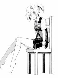 Rule 34 | 1girl, absurdres, blouse, chair, full body, gloves, greyscale, highres, kantai collection, looking at viewer, maikaze (kancolle), monochrome, pleated skirt, ponytail, ribbon, school uniform, shirt, short hair, simple background, sitting, skirt, smile, socks, solo, tsukamoto minori, vest, white background