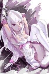 Rule 34 | 10s, 1girl, :o, absurdres, armpits, arms behind head, arms up, bare shoulders, bound, breasts, chain, chained, chained wrists, cleavage, collarbone, crossed legs, elf, emilia (re:zero), flower, frilled sleeves, frills, gloves, hair flower, hair ornament, highres, large breasts, long hair, looking at viewer, open mouth, pointy ears, purple eyes, purple ribbon, re:zero kara hajimeru isekai seikatsu, restrained, ribbon, silver hair, solo, thighs, very long hair, wangxiii, white flower, white legwear, wide sleeves