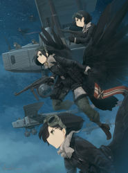 Rule 34 | 3girls, aircraft, airplane, asterisk kome, belt, bird wings, black eyes, black gloves, black hair, black jacket, black sky, black wings, bomber, bomber jacket, closed mouth, cloud, cloudy sky, commentary, flying, frown, gloves, goggles, goggles on head, grey pants, gun, harness, highres, holding, holding gun, holding weapon, jacket, jewelry, laura jumo, long hair, long sleeves, low wings, military, military uniform, military vehicle, mp40, multiple girls, multiple others, night, night sky, outdoors, pants, pendant, pouch, short hair, sky, star (sky), starry sky, submachine gun, uniform, utility belt, weapon, winged fusiliers, wings