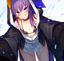 Rule 34 | 1girl, :q, animal costume, animal hood, bare shoulders, bikini, bikini top only, blue bow, blue eyes, bow, choker, collarbone, fate/grand order, fate (series), foreshortening, hair bow, hood, hood up, hoodie, licking lips, long hair, meltryllis, meltryllis (fate), meltryllis (swimsuit lancer) (fate), meltryllis (swimsuit lancer) (first ascension) (fate), mou tama maru, oversized clothes, penguin costume, purple hair, sleeves past wrists, smile, solo, swimsuit, tongue, tongue out, water