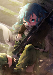 Rule 34 | 1girl, absurdres, anti-materiel rifle, black gloves, blue eyes, blue hair, bolt action, covering own mouth, fingerless gloves, floating hair, gloves, green jacket, green thighhighs, grey scarf, gun, hair ornament, hairclip, highres, holding, holding gun, holding weapon, jacket, long sleeves, looking at viewer, medium hair, oboro neko, pgm hecate ii, rifle, scarf, scope, sidelocks, sinon, sitting, sniper rifle, solo, sword art online, thigh strap, thighhighs, weapon