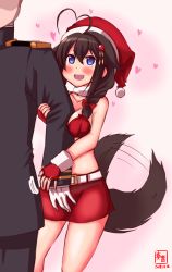 Rule 34 | 1boy, 1girl, absurdres, admiral (kancolle), alternate costume, artist logo, belt, blouse, blue eyes, blush, braid, breasts, collar, commentary request, cowboy shot, crop top, dated, dog tail, fingerless gloves, gloves, hair between eyes, hair flaps, hair ornament, hair over shoulder, hairclip, hat, headgear, heart, heart-shaped pupils, highres, jewelry, kanon (kurogane knights), kantai collection, kemonomimi mode, long hair, looking at viewer, medium breasts, midriff, military, military hat, military uniform, miniskirt, naval uniform, open mouth, out of frame, peaked cap, pink background, red gloves, red skirt, remodel (kantai collection), revision, ring, santa costume, santa hat, shigure (kancolle), shirt, signature, simple background, single braid, skirt, sleeveless, smile, solo focus, stomach, symbol-shaped pupils, tail, uniform, wedding ring, white gloves