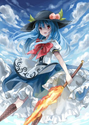 Rule 34 | 1girl, blue hair, blue sky, boots, bow, cloud, cross-laced footwear, female focus, food, fruit, hat, hinanawi tenshi, long hair, looking back, open mouth, peach, puffy sleeves, red eyes, shirt, short sleeves, skirt, sky, smile, solo, sumi mi, sword of hisou, touhou