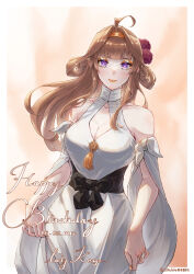 Rule 34 | 1girl, absurdres, ahoge, breasts, brown hair, cleavage, cleavage cutout, clothing cutout, diablo010059, double bun, dress, english text, flower, hair bun, hair flower, hair ornament, hairband, happy birthday, highres, jewelry, kantai collection, kongou (kancolle), long hair, looking at viewer, red flower, red rose, ring, rose, smile, solo, very long hair, wedding ring, white dress