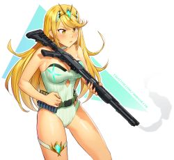Rule 34 | 1girl, absurdres, angry, belt, benelli m4 super 90, blonde hair, blush, breasts, cleavage, commentary, cowboy shot, earrings, english commentary, gun, highres, jewelry, long hair, medium breasts, mleth, mythra (radiant beach) (xenoblade), one-piece swimsuit, shotgun, shotgun shell, smoke, smoking barrel, solo, strapless, strapless one-piece swimsuit, swept bangs, swimsuit, tiara, weapon, weapon request, white one-piece swimsuit, xenoblade chronicles (series), xenoblade chronicles 2, yellow eyes