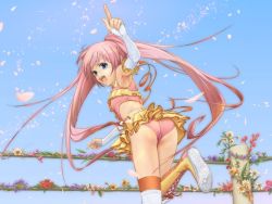 Rule 34 | 1girl, arena, ass, back, bikini, blue eyes, boots, elbow pads, flower, frills, hair ornament, kanai cuty, knee pads, open mouth, petals, pink hair, skirt, smile, sports bikini, swimsuit, trefoil, twintails, umii, wrestle angels, wrestle angels survivor, wrestling outfit, wrestling ring