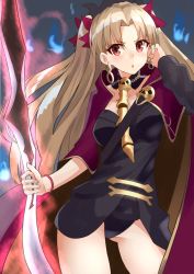 Rule 34 | 1girl, black dress, blonde hair, breasts, cape, dress, earrings, ereshkigal (fate), fate/grand order, fate (series), gold trim, hair ribbon, highres, hood, hooded cape, hoop earrings, jewelry, long hair, looking at viewer, medium breasts, meslamtaea (weapon), open mouth, parted bangs, red cape, red eyes, ribbon, shunichi, single sleeve, skull, solo, spine, thighs, tiara, two side up, weapon