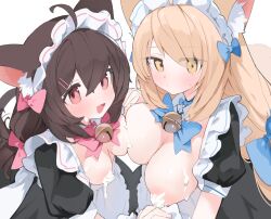 Rule 34 | 2girls, :d, animal ear fluff, animal ears, bell, blonde hair, blue bow, blush, bow, breasts, brown hair, closed mouth, copyright request, cream on breasts, hair bow, holding hands, interlocked fingers, jingle bell, large breasts, long hair, looking at viewer, maid, maid headdress, medium breasts, mikozin, multiple girls, neck bell, open mouth, pink bow, puffy short sleeves, puffy sleeves, red eyes, short sleeves, smile, yellow eyes