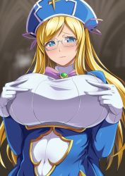 Rule 34 | 1girl, blonde hair, blue eyes, blush, bow, bowtie, breasts, closed mouth, covered navel, framed breasts, glasses, gloves, hat, huge breasts, long hair, looking at viewer, melpha, melpha (queen&#039;s blade unlimited), namakemono (u446644k), nun, queen&#039;s blade, queen&#039;s blade unlimited, queen&#039;s blade white triangle, semi-rimless eyewear, solo, touching nipples, under-rim eyewear, upper body, white gloves
