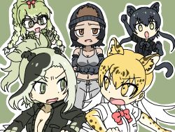 Rule 34 | 5girls, :d, animal ears, animal print, annoyed, arm up, arms under breasts, bare shoulders, beanie, black gloves, black hair, black leopard (kemono friends), black shirt, blonde hair, bow, bowtie, braid, breasts, brown eyes, brown hair, cheering, chibi, cleavage, collarbone, collared jacket, collared shirt, elbow gloves, extra ears, fang, fingerless gloves, glasses, gloves, gorilla (kemono friends), green background, green eyes, green gloves, green hair, green jacket, grey pants, grey tank top, hair between eyes, hair bow, hair through headwear, hand up, hat, high ponytail, jacket, kemono friends, kemono friends 2, legs apart, leopard (kemono friends), leopard ears, leopard girl, leopard print, leopard tail, long hair, long sleeves, looking at another, low twintails, medium breasts, medium hair, midriff, multicolored hair, multiple girls, navel, open mouth, outline, outstretched arm, over-rim eyewear, pants, partially unzipped, print gloves, raised eyebrows, red bow, red bowtie, rivalry, saltwater crocodile (kemono friends), semi-rimless eyewear, shirt, simple background, slit pupils, smile, spectacled caiman (kemono friends), spiked gloves, spiked jacket, spiked sleeves, srd (srdsrd01), standing, stomach, tail, tan, tank top, twin braids, twintails, two-tone hair, v-shaped eyebrows, white outline, white shirt, wing collar, yellow eyes, zipper