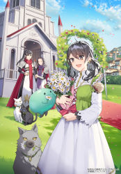 Rule 34 | :d, ^ ^, absurdres, ahoge, animal, armor, black cat, black hair, blue sky, blush, bouquet, brown eyes, bug, building, cat, closed eyes, closed mouth, clothing cutout, cloud, commentary request, copyright request, day, dress, flower, forehead, hair between eyes, hand on own hip, heart cutout, highres, holding, holding bouquet, kitada mo, long hair, long sleeves, mouth hold, official art, open mouth, outdoors, pauldrons, petals, pink flower, pink rose, ponytail, purple flower, purple rose, purple scarf, red flower, red rose, red scarf, rose, scarf, shoulder armor, sidelocks, sky, slime (creature), smile, spider, standing, village, white cat, white dress, white flower, white rose, wolf, yellow flower, yellow rose
