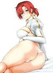Rule 34 | 1girl, ass, blue eyes, blush, boudica (fate), bra, breasts, closed mouth, collar, commentary request, covered erect nipples, fate/grand order, fate (series), from behind, juliet sleeves, large breasts, long sleeves, looking at viewer, looking back, mitsukazu (nijigen complex), no pants, panties, puffy sleeves, red hair, shiny skin, short ponytail, shrug (clothing), simple background, skindentation, smile, solo, swept bangs, underwear, white background, white bra, white panties