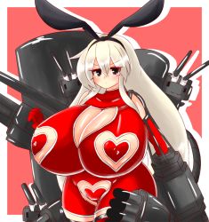 Rule 34 | 10s, 1girl, animal ears, ayazumi flutter, bare shoulders, black eyes, blonde hair, bodysuit, breasts, rabbit ears, cannon, cleavage, cleavage cutout, clothing cutout, elbow gloves, female focus, gigantic breasts, gloves, hair ornament, heart, heart cutout, heart maebari, heart pasties, kantai collection, looking at viewer, maebari, nipple cutout, no bra, no panties, pasties, plump, red gloves, red theme, revealing clothes, shimakaze (kancolle), simple background, solo, standing, weapon
