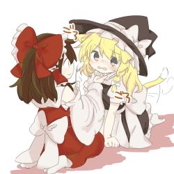 Rule 34 | 2girls, all fours, animal ears, bad id, bad pixiv id, blonde hair, blush, braid, brown eyes, brown hair, cat ears, cat tail, cattail, commentary, d:, detached sleeves, full body, hakurei reimu, hand on another&#039;s chin, hat, kirisame marisa, kototoki, long hair, multiple girls, open mouth, pet play, plant, puffy short sleeves, puffy sleeves, sarashi, seiza, short sleeves, side braid, single braid, sitting, skirt, skirt set, smile, stroking another&#039;s chin, sweat, tail, tail wagging, touhou, vest, wavy mouth, witch hat, yuri