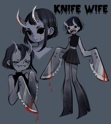 Rule 34 | 1girl, black eyes, black hair, blood, blood on face, blush, character name, colored extremities, colored skin, commentary, dripping, english commentary, english text, feefal, folding knife, gradient skin, grey skin, grey skirt, highres, horns, knife, metal skin, multiple views, no hands, original, personification, razor blade, sharp teeth, short hair, sinister, skirt, sleeveless turtleneck crop top, teeth, tongue
