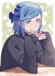 Rule 34 | 1boy, alternate costume, androgynous, black sweater, blue eyes, blue hair, blush, closed mouth, commentary request, creatures (company), eyelashes, game freak, grusha (pokemon), hands up, highres, interlocked fingers, long sleeves, looking at viewer, male focus, medium hair, mocacoffee 1001, nail polish, nintendo, own hands together, pokemon, pokemon sv, signature, sleeves past wrists, smile, solo, split mouth, sweater, table, trap, upper body, yellow nails