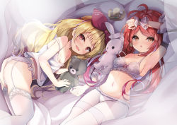 Rule 34 | 2girls, :o, anchor symbol, antenna hair, armpits, azur lane, bare shoulders, bed, blonde hair, blush, bra, breasts, camisole, commission, crown, detached sleeves, earrings, eyelashes, fang, garter belt, garter straps, hair ornament, hair ribbon, hand on own head, highres, holding, holding stuffed toy, indoors, jenkins (azur lane), jersey (azur lane), jewelry, lingerie, long hair, looking at viewer, low twintails, lying, madotsukumo, mini crown, multiple girls, navel, open mouth, panicking, panties, pantyhose, pillow, pink ribbon, red eyes, red hair, ribbon, side-tie panties, skeb commission, small breasts, striped camisole, stuffed animal, stuffed rabbit, stuffed toy, sunlight, teddy bear, thighhighs, thighs, twintails, underwear, wavy hair, white camisole, white legwear, white panties, wrist cuffs, yellow eyes
