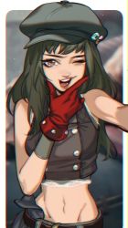 Rule 34 | 1girl, bare shoulders, belt, black hair, black hat, blurry, blurry background, breasts, brown eyes, buttons, cabbie hat, crop top, cropped vest, double-breasted, final fantasy, final fantasy vii, final fantasy vii remake, gloves, grey vest, hand to own mouth, hat, hat pin, highres, kyrie canaan, lips, long hair, looking at viewer, maplekeurig, medium breasts, midriff, navel, one eye closed, open mouth, red gloves, shirt, solo, square enix, teeth, undershirt, upper body, upper teeth only, vest