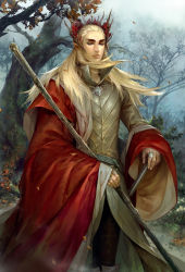 Rule 34 | 1boy, armor, blonde hair, colored eyelashes, elf, floating hair, forest, hair ornament, half-closed eyes, jewelry, king, leaf, tolkien&#039;s legendarium, male focus, manly, middle earth, nature, parted lips, pointy ears, popped collar, ring, solo, staff, standing, the hobbit, the lord of the rings, thranduil, tree, wide sleeves, wind, yufy