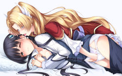 Rule 34 | 2girls, alfin reise arnor, black hair, blonde hair, blue eyes, blush, breasts, cleavage, clothes pull, collarbone, commentary request, ear licking, earrings, eiyuu densetsu, elise schwarzer, falcom, feather hair ornament, feathers, female focus, fingering, frilled sleeves, frills, hair ornament, hakuleg, hand in panties, jewelry, licking, long hair, long sleeves, lying, medium breasts, multiple girls, on bed, on side, one eye closed, panties, parted bangs, pillow, sen no kiseki, shirt, skirt, skirt pull, tearing up, tears, tongue, tongue out, underwear, very long hair, vest, wavy mouth, white panties, white shirt, yuri