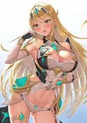 Rule 34 | 1girl, bare shoulders, blonde hair, blush, breasts, chest jewel, cleavage, clothes lift, clothes pull, cowboy shot, dress, dress lift, earrings, gem, gloves, gradient background, grey background, highres, jewelry, large breasts, long hair, mythra (xenoblade), navel, nemunemu semi, nintendo, panties, skirt, skirt pull, solo, swept bangs, thigh strap, tiara, underwear, very long hair, wet, white background, white dress, white gloves, white panties, xenoblade chronicles (series), xenoblade chronicles 2, yellow eyes