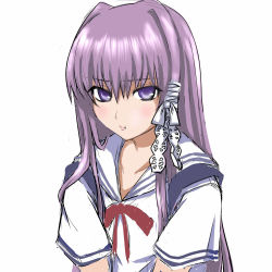 Rule 34 | 00s, 1girl, clannad, fujibayashi kyou, long hair, pout, purple eyes, purple hair, ryuusama, school uniform